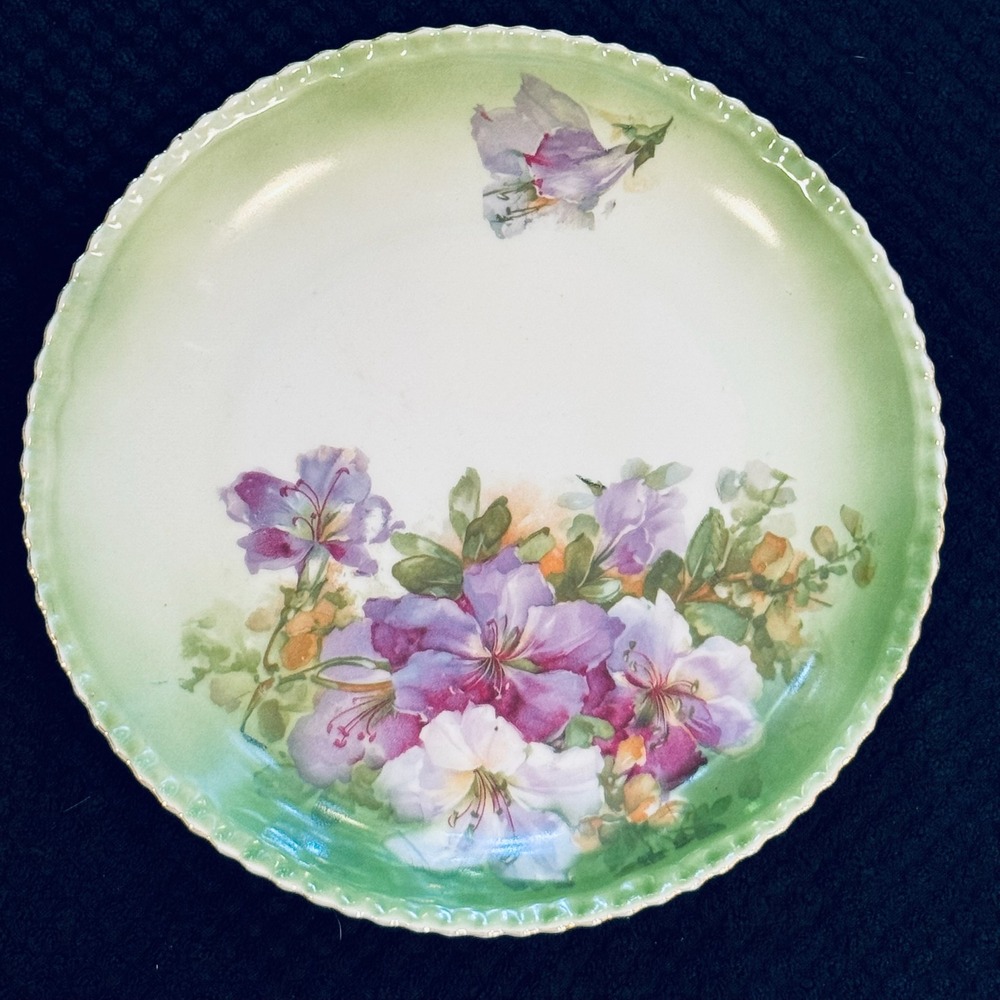 Vintage Bavaria Germany Floral Cabinet Plate Green Border Gold Trim Purple 8"